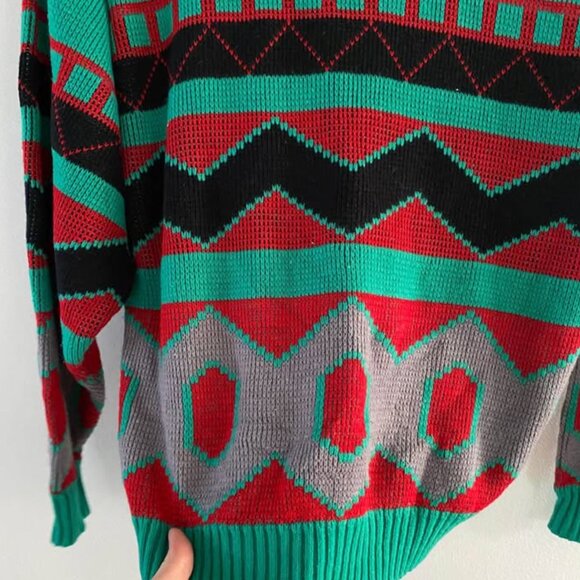 70s/80s Vintage Green, Grey, Black & Red Sweater - XS-S - Picture 2 of 4